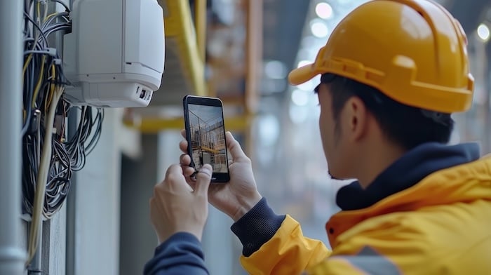 Technician using a mobile app to document restoration work on-site.